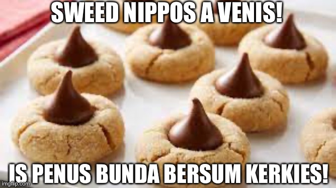 Peanut Butter Blossom Cookies | SWEED NIPPOS A VENIS! IS PENUS BUNDA BERSUM KERKIES! | image tagged in peanut butter blossom cookies | made w/ Imgflip meme maker