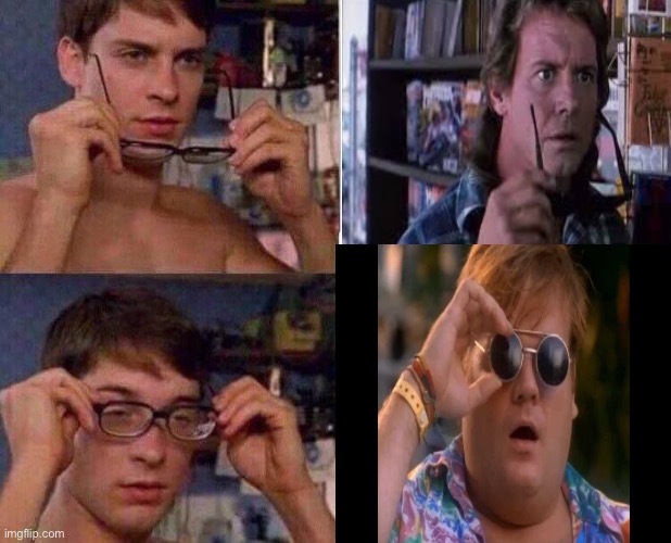 image tagged in spiderman peter parker,they live,chris farley,peter parker glasses | made w/ Imgflip meme maker