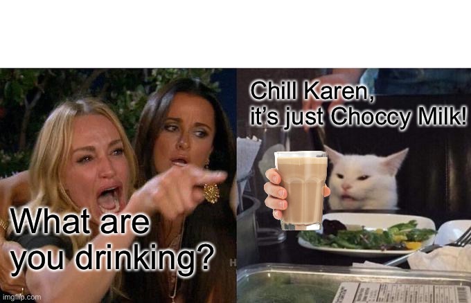 Woman Yelling At Cat Meme | Chill Karen, it’s just Choccy Milk! What are you drinking? | image tagged in memes,woman yelling at cat,have some choccy milk,karen | made w/ Imgflip meme maker