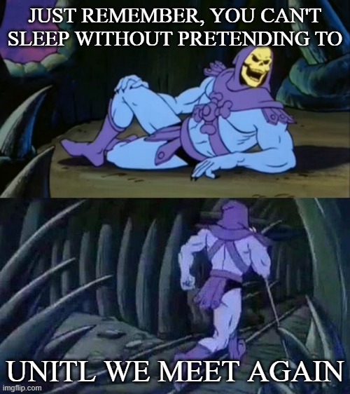 Tru |  JUST REMEMBER, YOU CAN'T SLEEP WITHOUT PRETENDING TO; UNITL WE MEET AGAIN | image tagged in skeletor disturbing facts,until we meet again | made w/ Imgflip meme maker