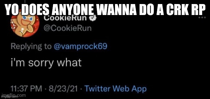 Cookie Run Twitter I'm sorry what | YO DOES ANYONE WANNA DO A CRK RP | image tagged in cookie run twitter i'm sorry what | made w/ Imgflip meme maker