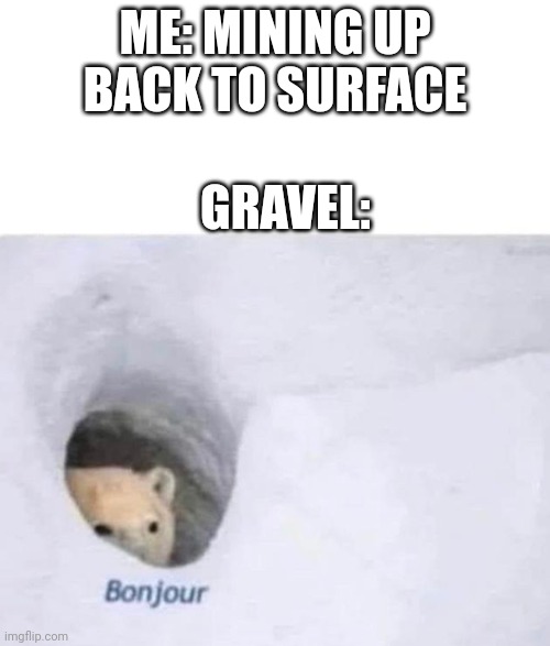 It happens every time | ME: MINING UP BACK TO SURFACE; GRAVEL: | image tagged in bonjour,minecraft | made w/ Imgflip meme maker