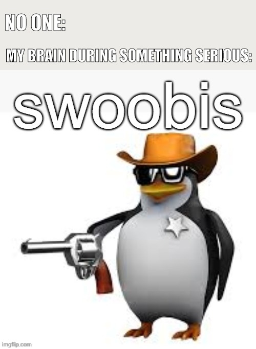 Swag | NO ONE:; MY BRAIN DURING SOMETHING SERIOUS: | image tagged in swoobis | made w/ Imgflip meme maker