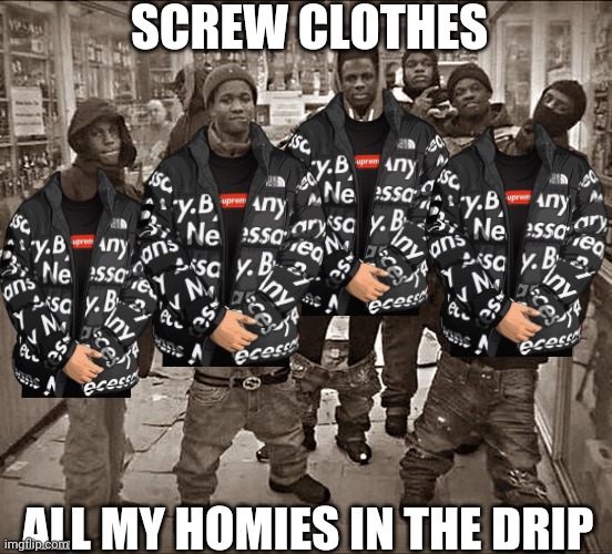 Sheesh | SCREW CLOTHES; ALL MY HOMIES IN THE DRIP | image tagged in all my homies hate | made w/ Imgflip meme maker