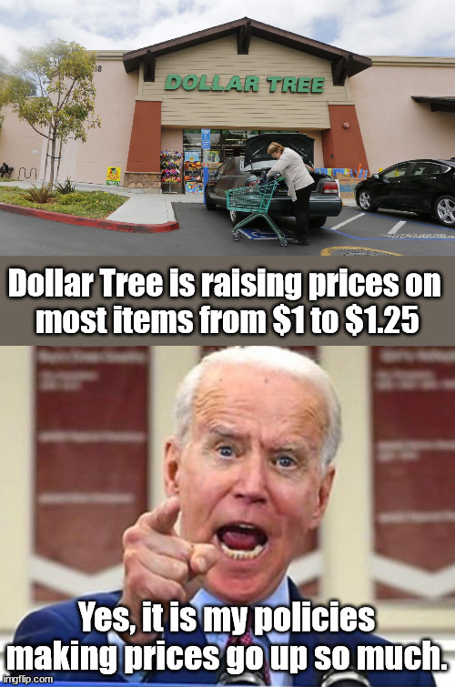 When the dollar tree is now the $1.25 store. Prices up 25%. | Dollar Tree is raising prices on 
most items from $1 to $1.25; Yes, it is my policies making prices go up so much. | image tagged in joe biden no malarkey,dollar tree,inflation | made w/ Imgflip meme maker