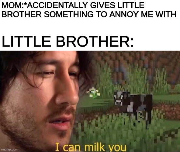 I can milk you (template) | MOM:*ACCIDENTALLY GIVES LITTLE BROTHER SOMETHING TO ANNOY ME WITH; LITTLE BROTHER: | image tagged in i can milk you template | made w/ Imgflip meme maker