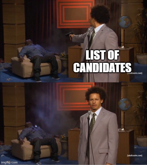 Current list of candidates. Let me know if anything needs to be changed or if I misspelled anything lol | LIST OF CANDIDATES | image tagged in memes,who killed hannibal | made w/ Imgflip meme maker
