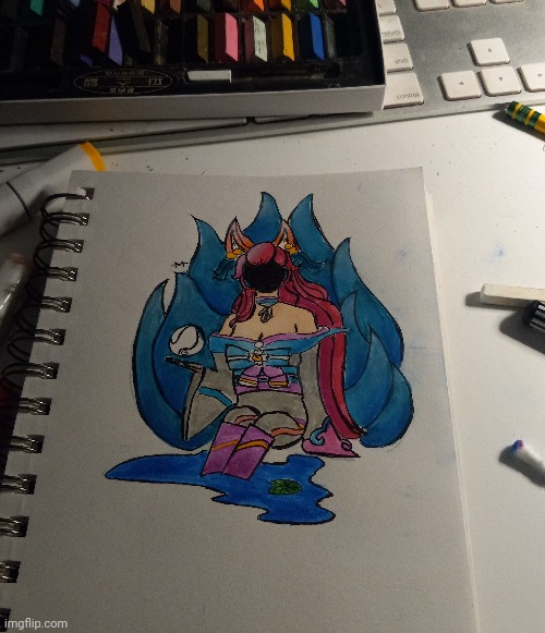 Spirt blossom Ahri - League of legends- Pastel and marker - | image tagged in league of legends,drawing,lol,pink,blue,video games | made w/ Imgflip meme maker