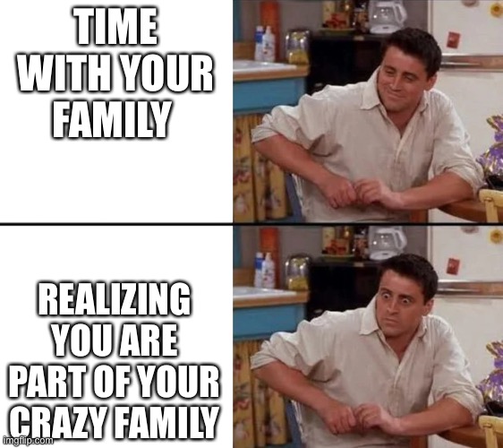 Surprised Joey | TIME WITH YOUR FAMILY; REALIZING YOU ARE PART OF YOUR CRAZY FAMILY | image tagged in surprised joey,memes | made w/ Imgflip meme maker