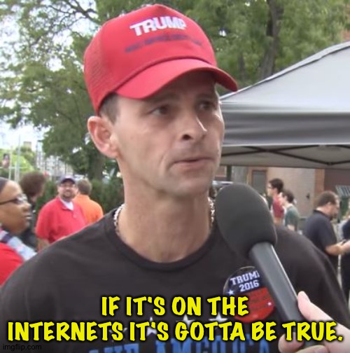 Trump supporter | IF IT'S ON THE INTERNETS IT'S GOTTA BE TRUE. | image tagged in trump supporter | made w/ Imgflip meme maker