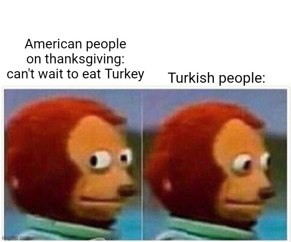 Monkey Puppet | American people on thanksgiving: can't wait to eat Turkey; Turkish people: | image tagged in memes,monkey puppet | made w/ Imgflip meme maker