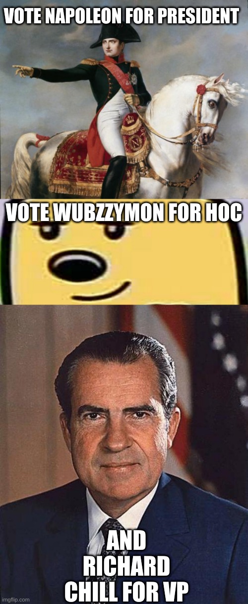 You got to vote for the three of us. We might have no H.O.S. Candidate but we'll work with whoever is elected for H.O.S. | VOTE NAPOLEON FOR PRESIDENT; VOTE WUBZZYMON FOR HOC; AND RICHARD CHILL FOR VP | image tagged in napoleon bonaparte,wubbzy smug,richard nixon,vote,for,iof | made w/ Imgflip meme maker