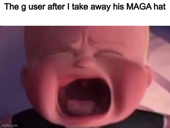 I saw him say that Fondue was a “libtard” and said that jfk jr wanted him dead, definitely a conspiracy theorist | The g user after I take away his MAGA hat | image tagged in boss baby crying | made w/ Imgflip meme maker