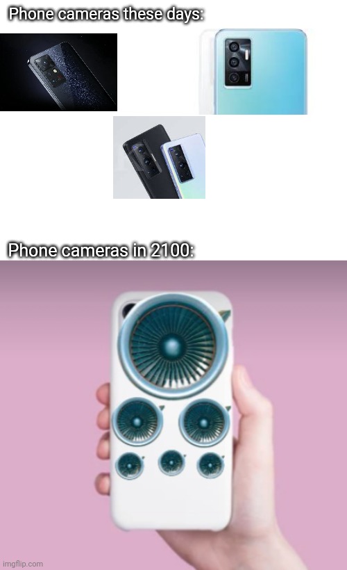 Phone cameras these days:; Phone cameras in 2100: | image tagged in blank white template | made w/ Imgflip meme maker