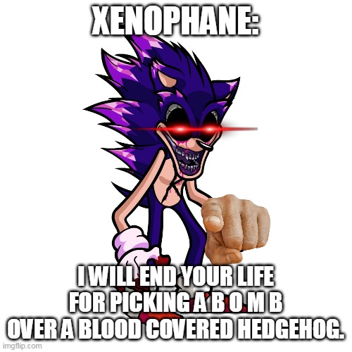 XENOPHANE: I WILL END YOUR LIFE FOR PICKING A B O M B OVER A BLOOD COVERED HEDGEHOG. | made w/ Imgflip meme maker