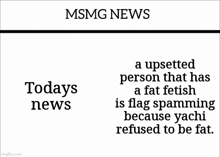MSMG NEWS | Todays news; a upsetted person that has a fat fetish is flag spamming because yachi refused to be fat. | image tagged in msmg news | made w/ Imgflip meme maker