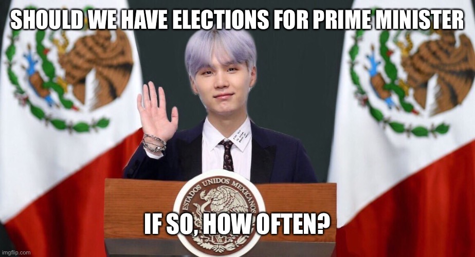 let me know your thoughts |  SHOULD WE HAVE ELECTIONS FOR PRIME MINISTER; IF SO, HOW OFTEN? | image tagged in suga the prez | made w/ Imgflip meme maker