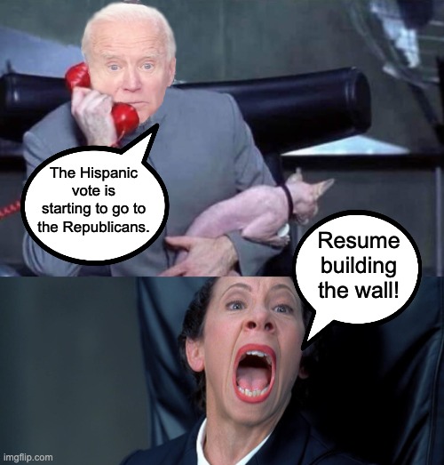 If they start voting Republican, the Dems are doomed! | The Hispanic vote is starting to go to the Republicans. Resume building the wall! | image tagged in evil biden frau | made w/ Imgflip meme maker