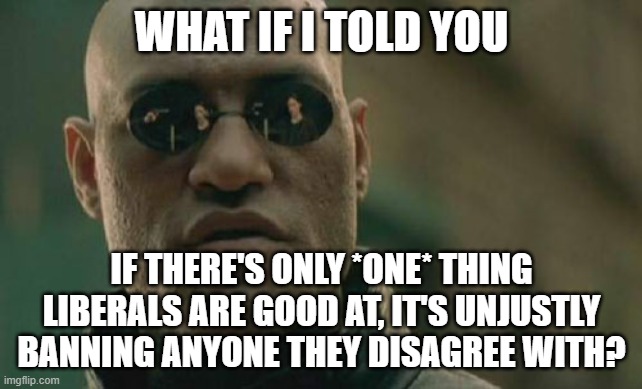 Matrix Morpheus | WHAT IF I TOLD YOU; IF THERE'S ONLY *ONE* THING LIBERALS ARE GOOD AT, IT'S UNJUSTLY BANNING ANYONE THEY DISAGREE WITH? | image tagged in memes,matrix morpheus,liberal,liberals,stupid liberals,ban | made w/ Imgflip meme maker