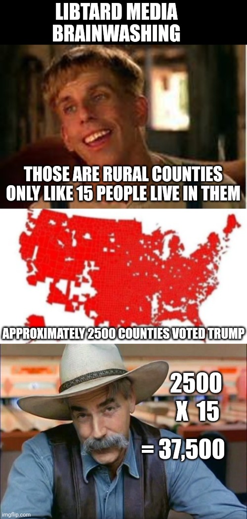 LIBTARD MEDIA BRAINWASHING; THOSE ARE RURAL COUNTIES ONLY LIKE 15 PEOPLE LIVE IN THEM; APPROXIMATELY 2500 COUNTIES VOTED TRUMP; 2500; X  15; = 37,500 | image tagged in simple jack,sam elliott special kind of stupid | made w/ Imgflip meme maker