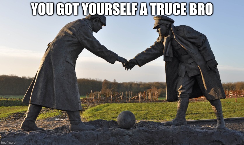 Truce Declared | YOU GOT YOURSELF A TRUCE BRO | image tagged in truce declared | made w/ Imgflip meme maker