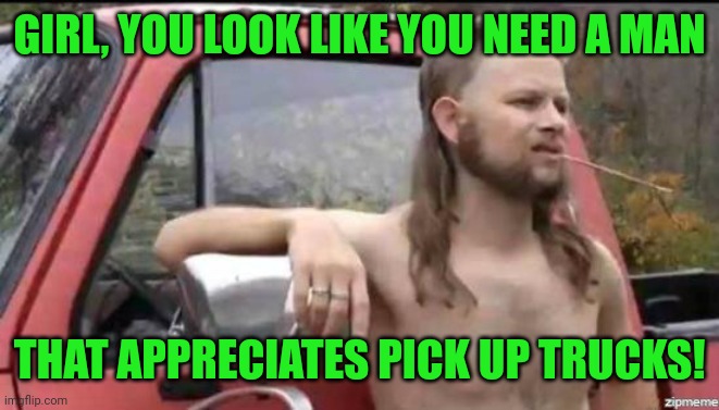 almost politically correct redneck | GIRL, YOU LOOK LIKE YOU NEED A MAN THAT APPRECIATES PICK UP TRUCKS! | image tagged in almost politically correct redneck | made w/ Imgflip meme maker