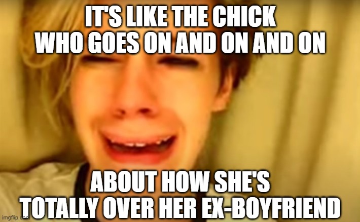 Leave her alone! | IT'S LIKE THE CHICK WHO GOES ON AND ON AND ON ABOUT HOW SHE'S TOTALLY OVER HER EX-BOYFRIEND | image tagged in leave her alone | made w/ Imgflip meme maker