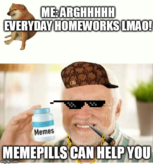 memes | ME: ARGHHHHH EVERYDAY HOMEWORKS LMAO! MEMEPILLS CAN HELP YOU | image tagged in memes | made w/ Imgflip meme maker