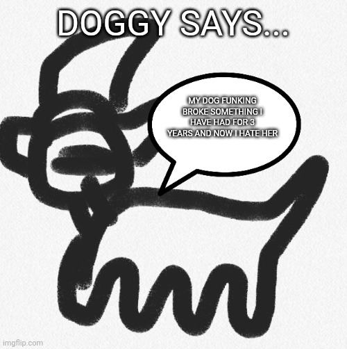 Doggy says... | DOGGY SAYS... MY DOG FUNKING BROKE SOMETHING I HAVE HAD FOR 3 YEARS AND NOW I HATE HER | image tagged in doggy says | made w/ Imgflip meme maker