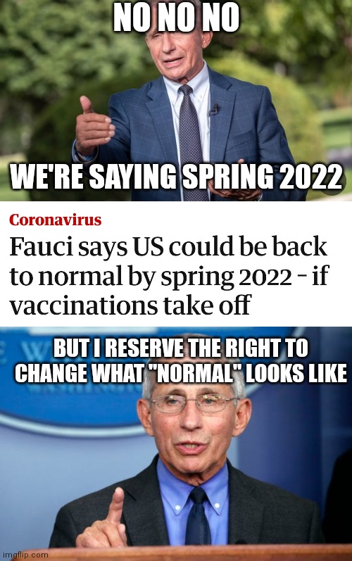 NO NO NO WE'RE SAYING SPRING 2022 BUT I RESERVE THE RIGHT TO CHANGE WHAT "NORMAL" LOOKS LIKE | image tagged in dr fauci | made w/ Imgflip meme maker