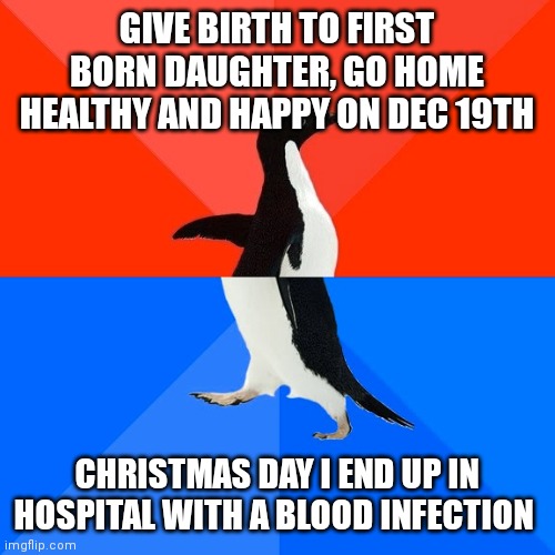 I did not have a Merry Christmas |  GIVE BIRTH TO FIRST BORN DAUGHTER, GO HOME HEALTHY AND HAPPY ON DEC 19TH; CHRISTMAS DAY I END UP IN HOSPITAL WITH A BLOOD INFECTION | image tagged in birth,hospital,fml | made w/ Imgflip meme maker