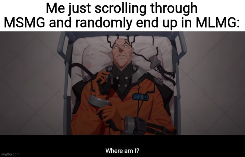 Sigma where am I | Me just scrolling through MSMG and randomly end up in MLMG: | image tagged in sigma where am i | made w/ Imgflip meme maker