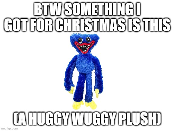something I got for christmas | BTW SOMETHING I GOT FOR CHRISTMAS IS THIS; (A HUGGY WUGGY PLUSH) | image tagged in blank white template,poppy,playtime,huggy wuggy,oh wow are you actually reading these tags,plush | made w/ Imgflip meme maker