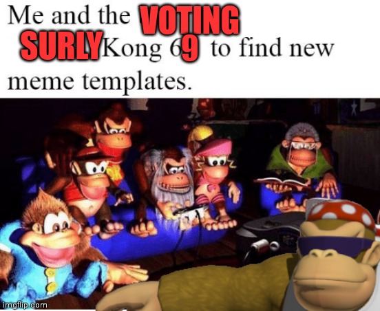 Votes out for Monkee! | VOTING; SURLY; 9 | image tagged in votes out for monkee,surlykong,vote,common sense,party | made w/ Imgflip meme maker