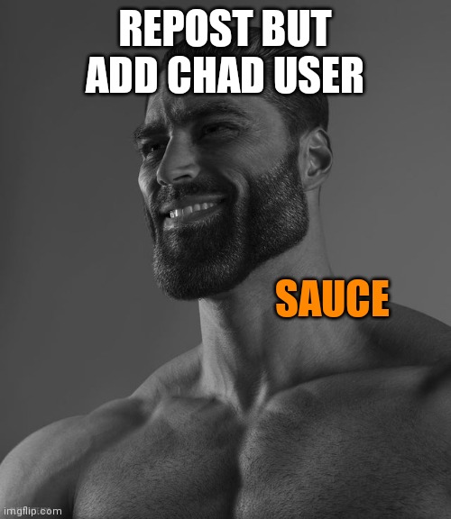 E | REPOST BUT ADD CHAD USER; SAUCE | image tagged in giga chad | made w/ Imgflip meme maker