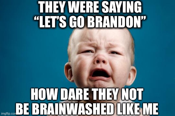 BABY CRYING | THEY WERE SAYING “LET’S GO BRANDON” HOW DARE THEY NOT BE BRAINWASHED LIKE ME | image tagged in baby crying | made w/ Imgflip meme maker