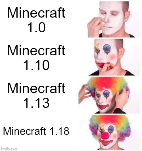 No Meme Intended |  Minecraft 1.0; Minecraft 1.10; Minecraft 1.13; Minecraft 1.18 | image tagged in memes,clown applying makeup | made w/ Imgflip meme maker
