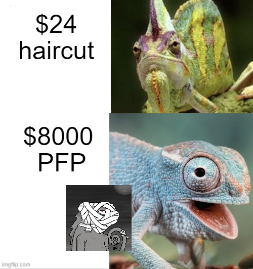 PFP | $24 haircut; $8000 
PFP | image tagged in nft,karmeleons,pfp,crypto | made w/ Imgflip meme maker