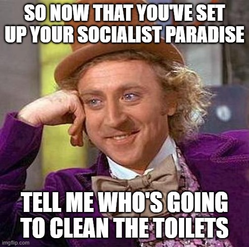 Creepy Condescending Wonka | SO NOW THAT YOU'VE SET UP YOUR SOCIALIST PARADISE; TELL ME WHO'S GOING TO CLEAN THE TOILETS | image tagged in memes,creepy condescending wonka | made w/ Imgflip meme maker