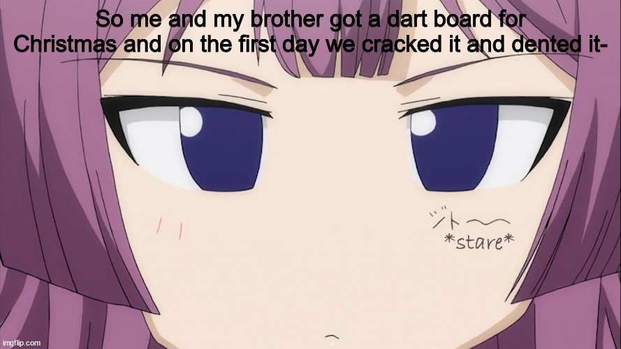 Kiriha Stare | So me and my brother got a dart board for Christmas and on the first day we cracked it and dented it- | image tagged in kiriha stare | made w/ Imgflip meme maker