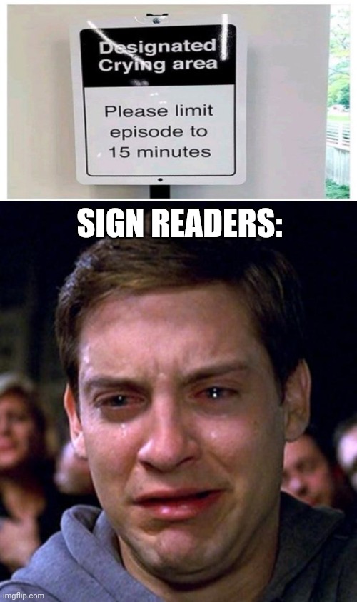 This is just too sad and funny if you laugh at comedies | SIGN READERS: | image tagged in crying peter parker,memes,funny,task failed successfully,you had one job,gifs | made w/ Imgflip meme maker