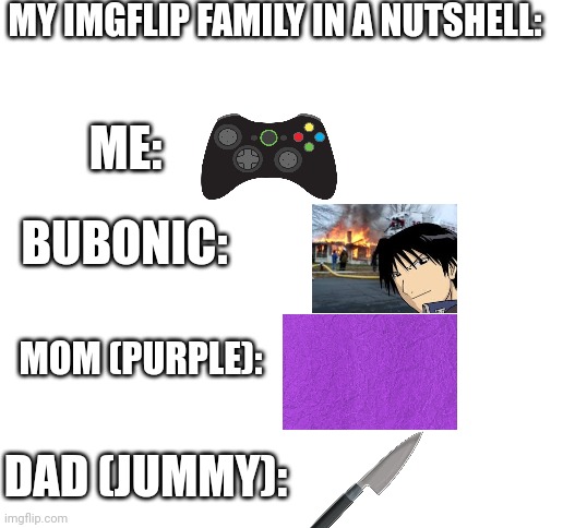 Blank White Template | MY IMGFLIP FAMILY IN A NUTSHELL:; ME:; BUBONIC:; MOM (PURPLE):; DAD (JUMMY): | image tagged in blank white template | made w/ Imgflip meme maker