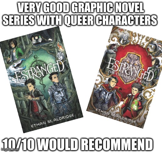 Blank White Template | VERY GOOD GRAPHIC NOVEL SERIES WITH QUEER CHARACTERS; 10/10 WOULD RECOMMEND | image tagged in blank white template | made w/ Imgflip meme maker