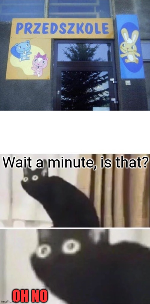This kindergarten school in Poland | Wait a minute, is that? OH NO | image tagged in oh no black cat | made w/ Imgflip meme maker