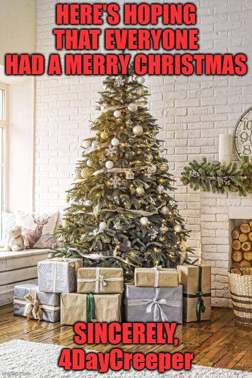 HERE'S HOPING THAT EVERYONE HAD A MERRY CHRISTMAS; SINCERELY, 4DayCreeper | image tagged in merry christmas | made w/ Imgflip meme maker