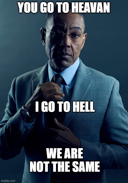 Gus Fring we are not the same | YOU GO TO HEAVAN; I GO TO HELL; WE ARE NOT THE SAME | image tagged in gus fring we are not the same | made w/ Imgflip meme maker