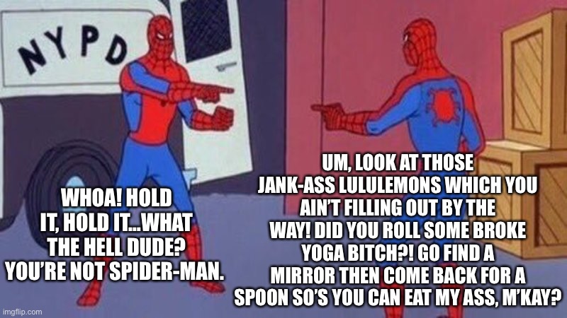 spiderman pointing at spiderman | UM, LOOK AT THOSE JANK-ASS LULULEMONS WHICH YOU AIN’T FILLING OUT BY THE WAY! DID YOU ROLL SOME BROKE YOGA BITCH?! GO FIND A MIRROR THEN COME BACK FOR A SPOON SO’S YOU CAN EAT MY ASS, M’KAY? WHOA! HOLD IT, HOLD IT…WHAT THE HELL DUDE? YOU’RE NOT SPIDER-MAN. | image tagged in spiderman pointing at spiderman | made w/ Imgflip meme maker