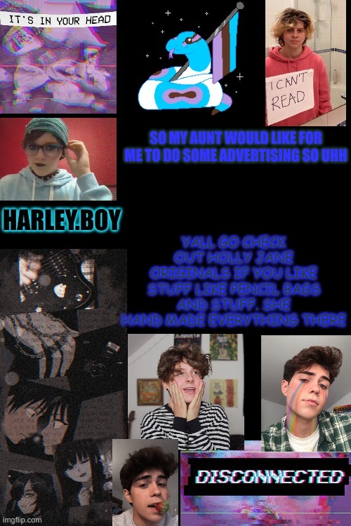 harley. | YALL GO CHECK OUT HOLLY JANE ORIGINALS IF YOU LIKE STUFF LIKE PENCIL BAGS AND STUFF. SHE HAND MADE EVERYTHING THERE; SO MY AUNT WOULD LIKE FOR ME TO DO SOME ADVERTISING SO UHH | image tagged in harley | made w/ Imgflip meme maker