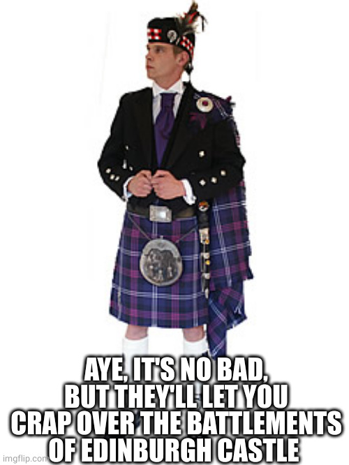 Scotsman | AYE, IT'S NO BAD, BUT THEY'LL LET YOU CRAP OVER THE BATTLEMENTS OF EDINBURGH CASTLE | image tagged in scotsman | made w/ Imgflip meme maker