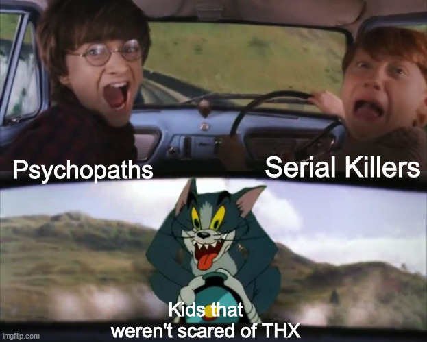 Any 2000s kids can relate | Serial Killers; Psychopaths; Kids that weren't scared of THX | image tagged in memes,tom chasing harry and ron weasly,dank memes,thx,funny,funny memes | made w/ Imgflip meme maker